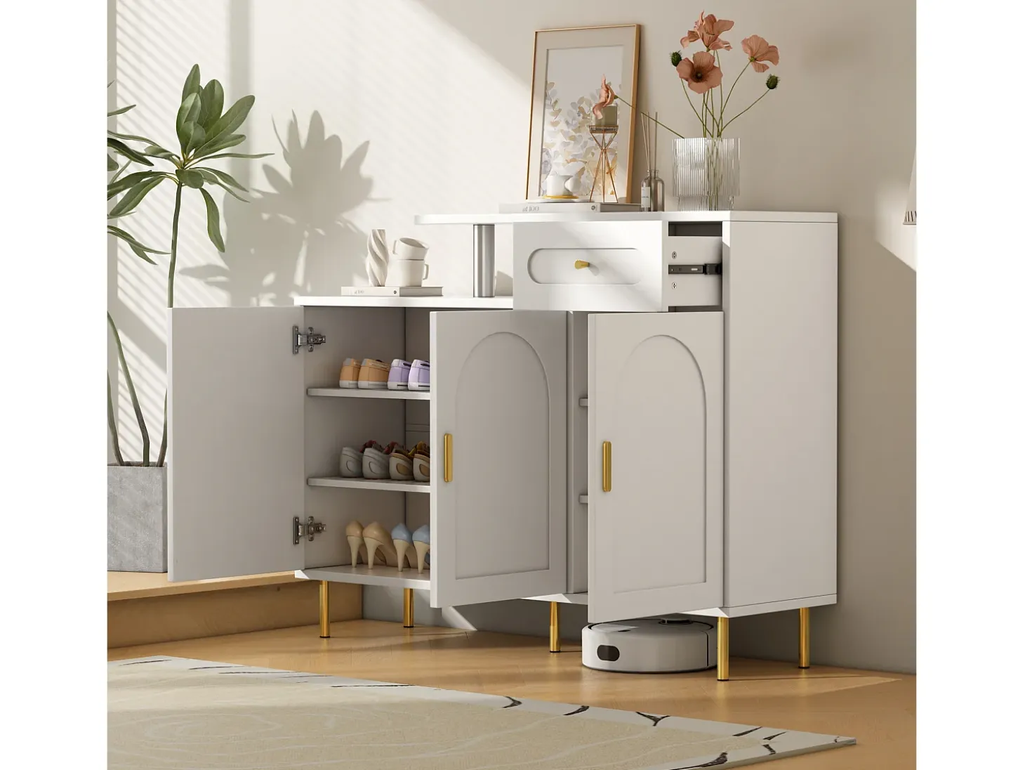 Mueble para zapatos 120 x 35 x 92 cm - 1 cajón + 3 puertas - patas de metal - Blanco