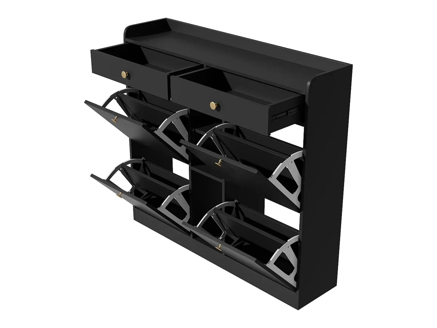 Mueble para zapatos 110 x 26 x 100 cm - 4 puertas - 2 cajones - 3 compartimentos abiertos - negro