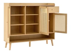 Mueble para zapatos de ratán natural 120×35×106 cm - con 3 puertas y 1 cajón - panel de partículas - natural