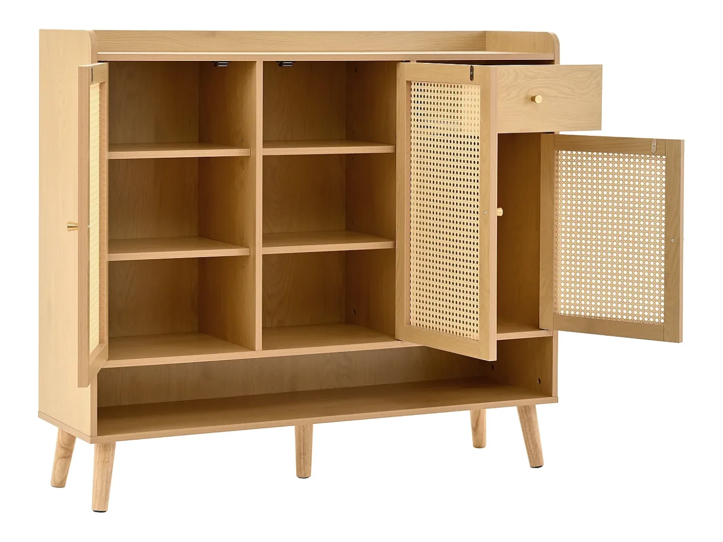Mueble para zapatos de ratán natural 120×35×106 cm - con 3 puertas y 1 cajón - panel de partículas - natural