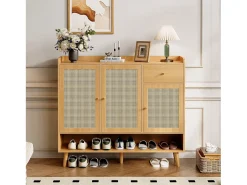 Mueble para zapatos de ratán natural 120×35×106 cm - con 3 puertas y 1 cajón - panel de partículas - natural