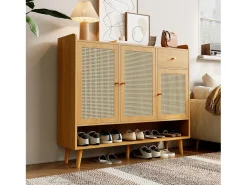 Mueble para zapatos de ratán natural 120×35×106 cm - con 3 puertas y 1 cajón - panel de partículas - natural