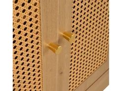 Mueble para zapatos multifuncional 142x35x110cm - con un asiento acolchado - con 3 puertas de ratán y 1 cajón - Natural
