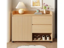 Mueble para zapatos móvil 110×35×86 cm - con ruedas giratorias - 2 puertas y 2 cajones - estantes regulables - MDF - natural