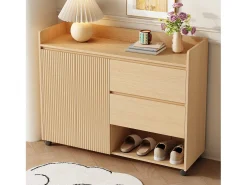 Mueble para zapatos móvil 110×35×86 cm - con ruedas giratorias - 2 puertas y 2 cajones - estantes regulables - MDF - natural