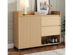 Mueble para zapatos móvil 110×35×86 cm - con ruedas giratorias - 2 puertas y 2 cajones - estantes regulables - MDF - natural
