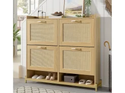 Mueble para zapatos 108.5x24x100 cm - con 4 puertas de ratán - Estructura de metal - MDF - Natural