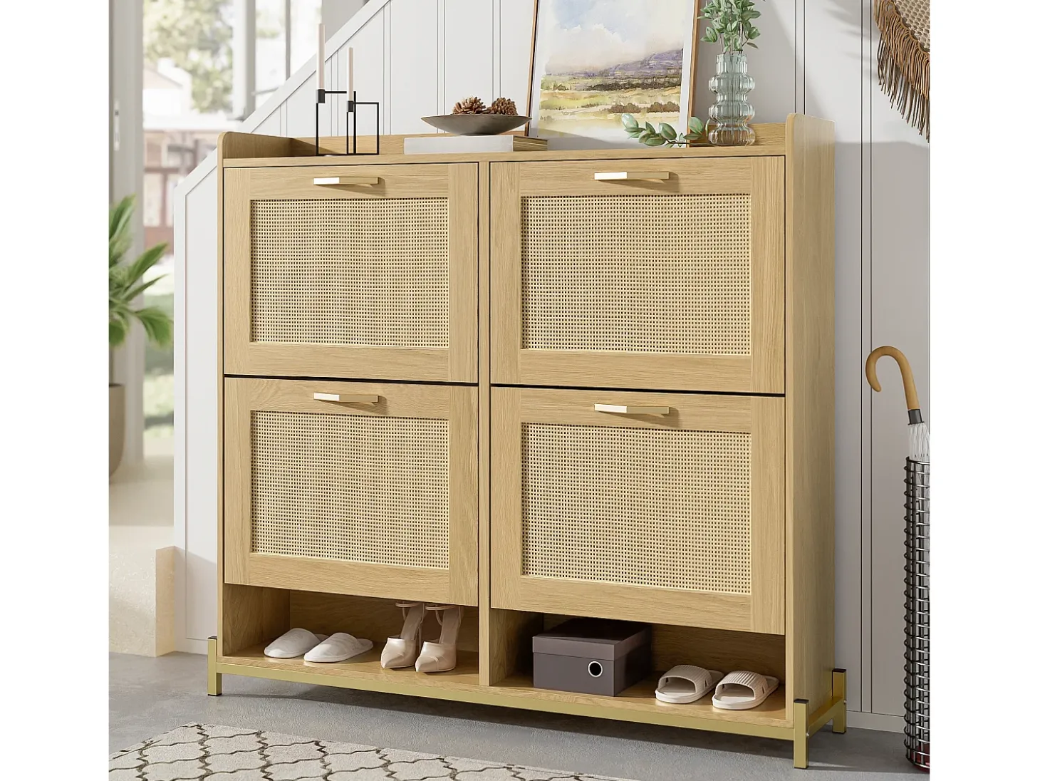 Mueble para zapatos 108.5x24x100 cm - con 4 puertas de ratán - Estructura de metal - MDF - Natural