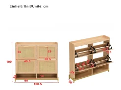 Mueble para zapatos 108.5x24x100 cm - con 4 puertas de ratán - Estructura de metal - MDF - Natural