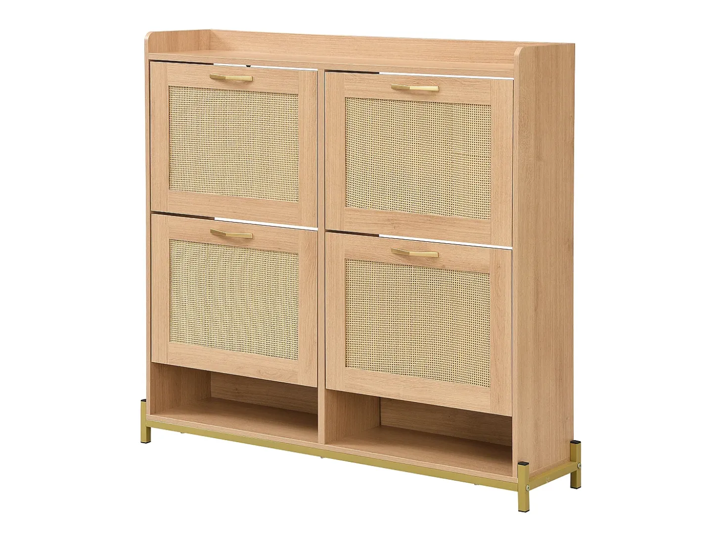 Mueble para zapatos 108.5x24x100 cm - con 4 puertas de ratán - Estructura de metal - MDF - Natural