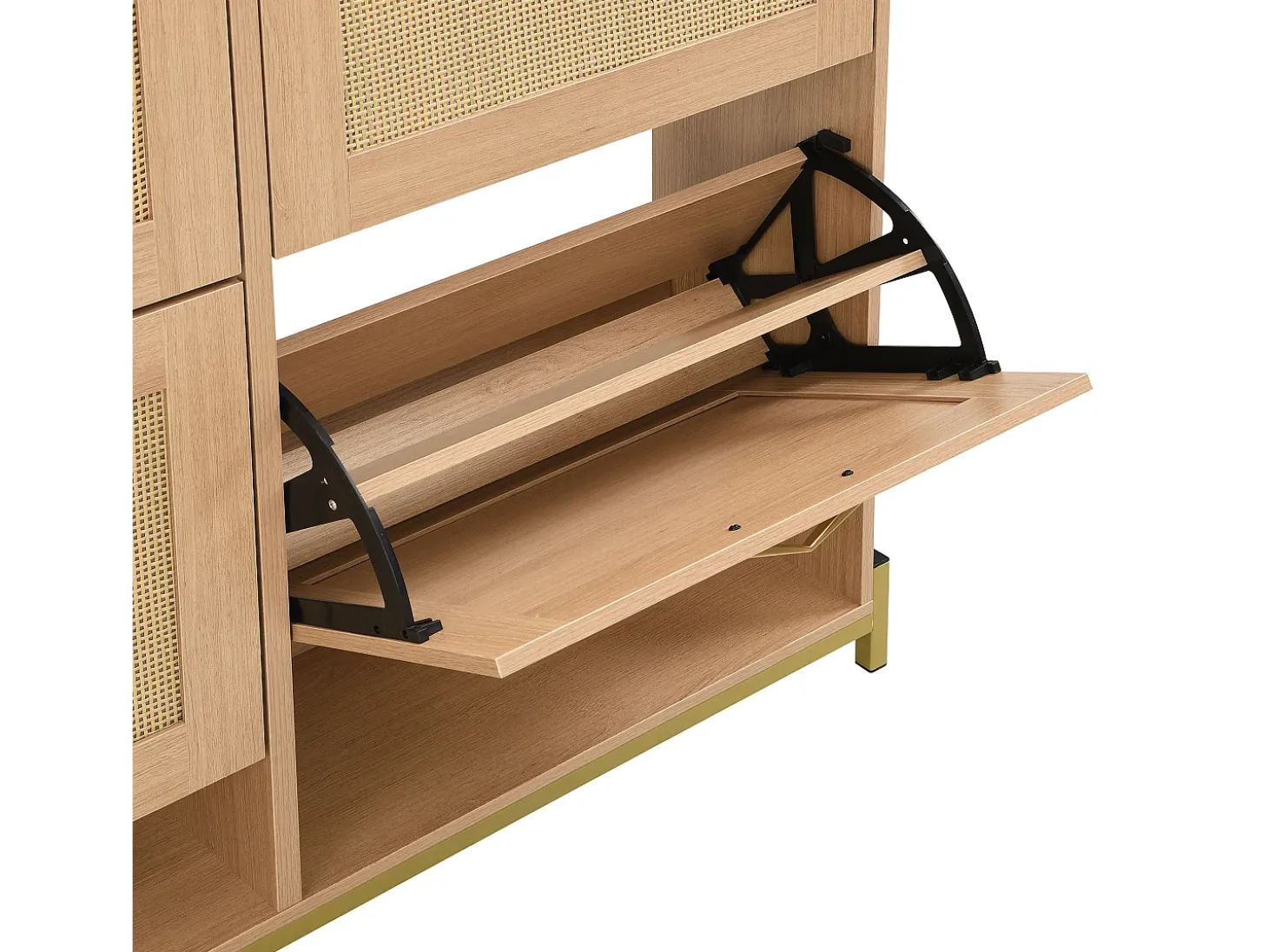 Mueble para zapatos 108.5x24x100 cm - con 4 puertas de ratán - Estructura de metal - MDF - Natural