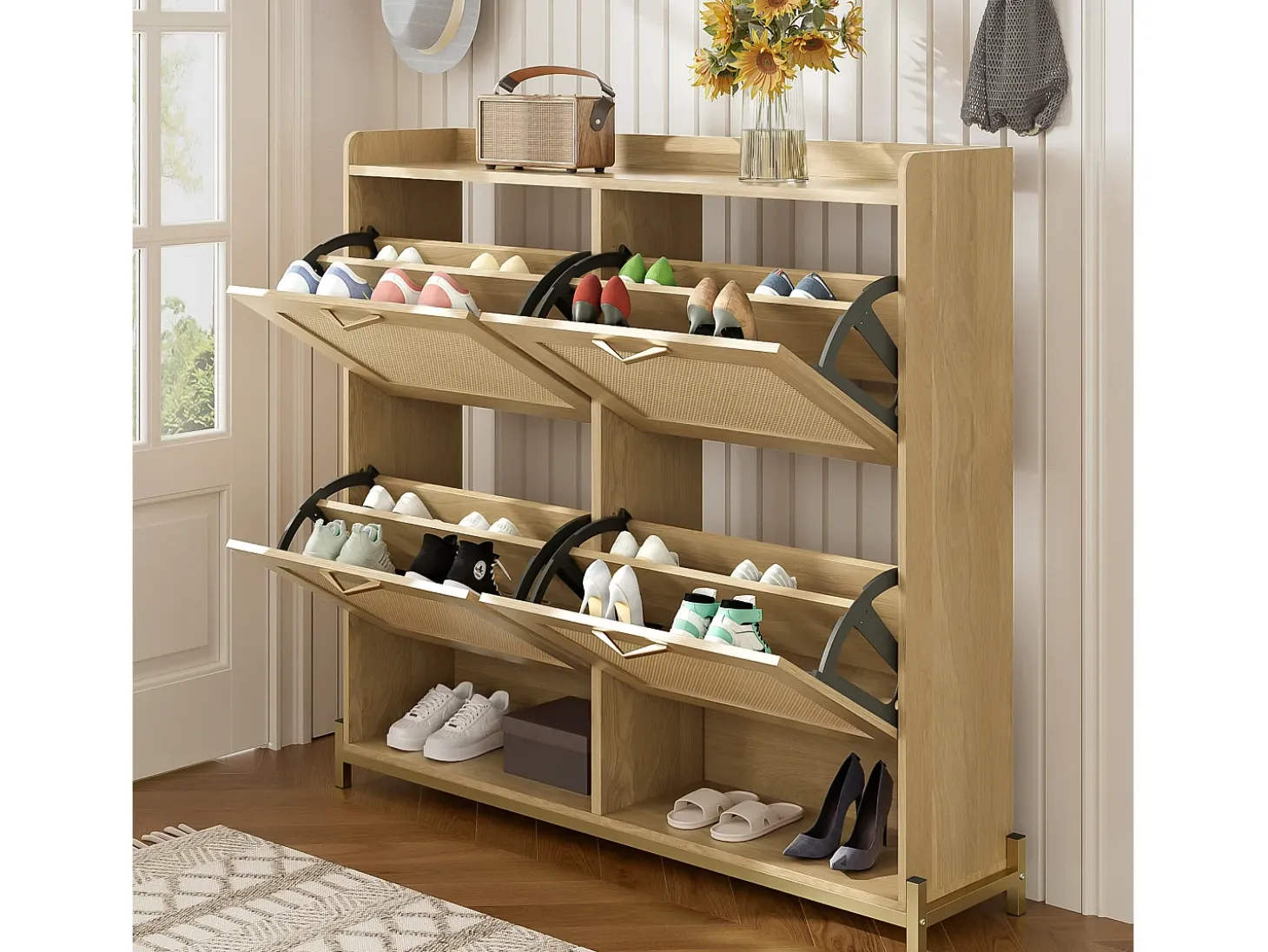 Mueble para zapatos 108.5x24x100 cm - con 4 puertas de ratán - Estructura de metal - MDF - Natural