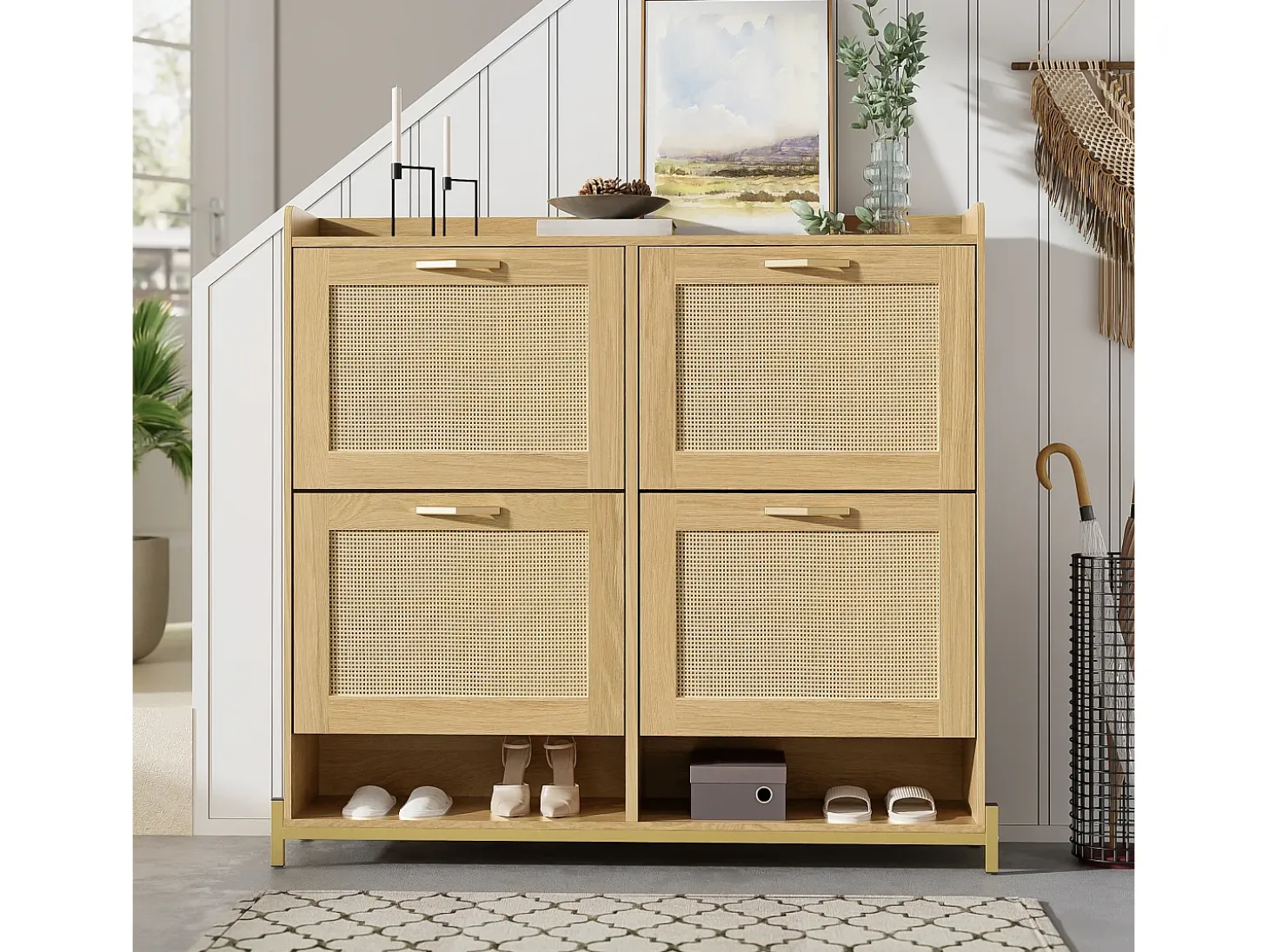 Mueble para zapatos 108.5x24x100 cm - con 4 puertas de ratán - Estructura de metal - MDF - Natural