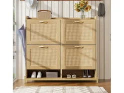 Mueble para zapatos 108.5x24x100 cm - con 4 puertas de ratán - Estructura de metal - MDF - Natural