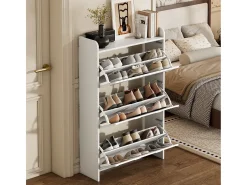 Mueble para zapatos 70x25x120 cm - con 6 compartimentos - 3 puertas abatibles - MDF - Blanco