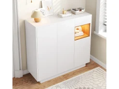 Mueble para zapatos 105x39.5x100.5 cm - 1 cajón y 3 puertas - con iluminación LED - con estantes ajustables - Blanco y natural