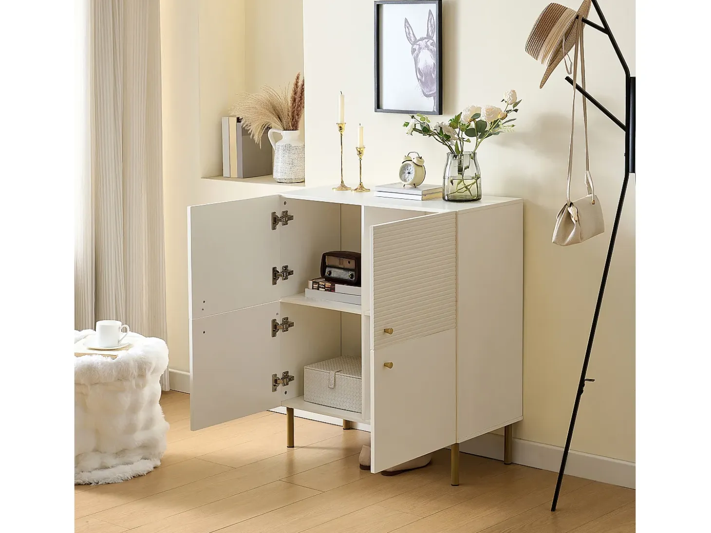 Mueble para zapatos 80x36x90cm - 4 puertas - Patas de metal - MDF - Blanco