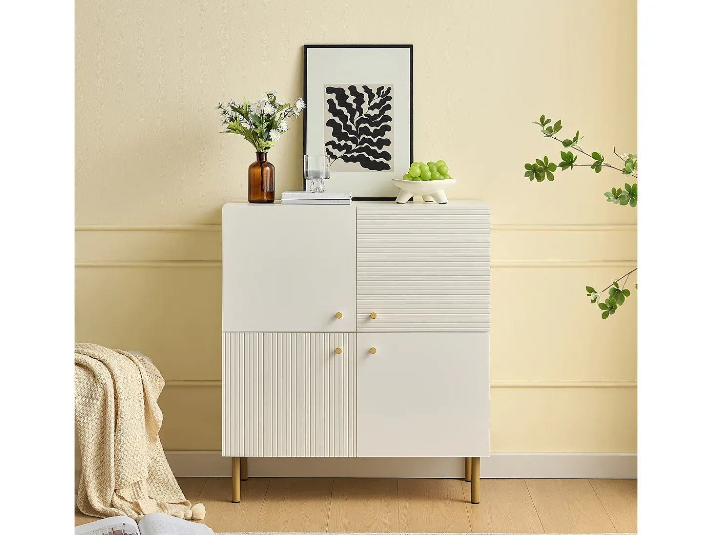 Mueble para zapatos 80x36x90cm - 4 puertas - Patas de metal - MDF - Blanco