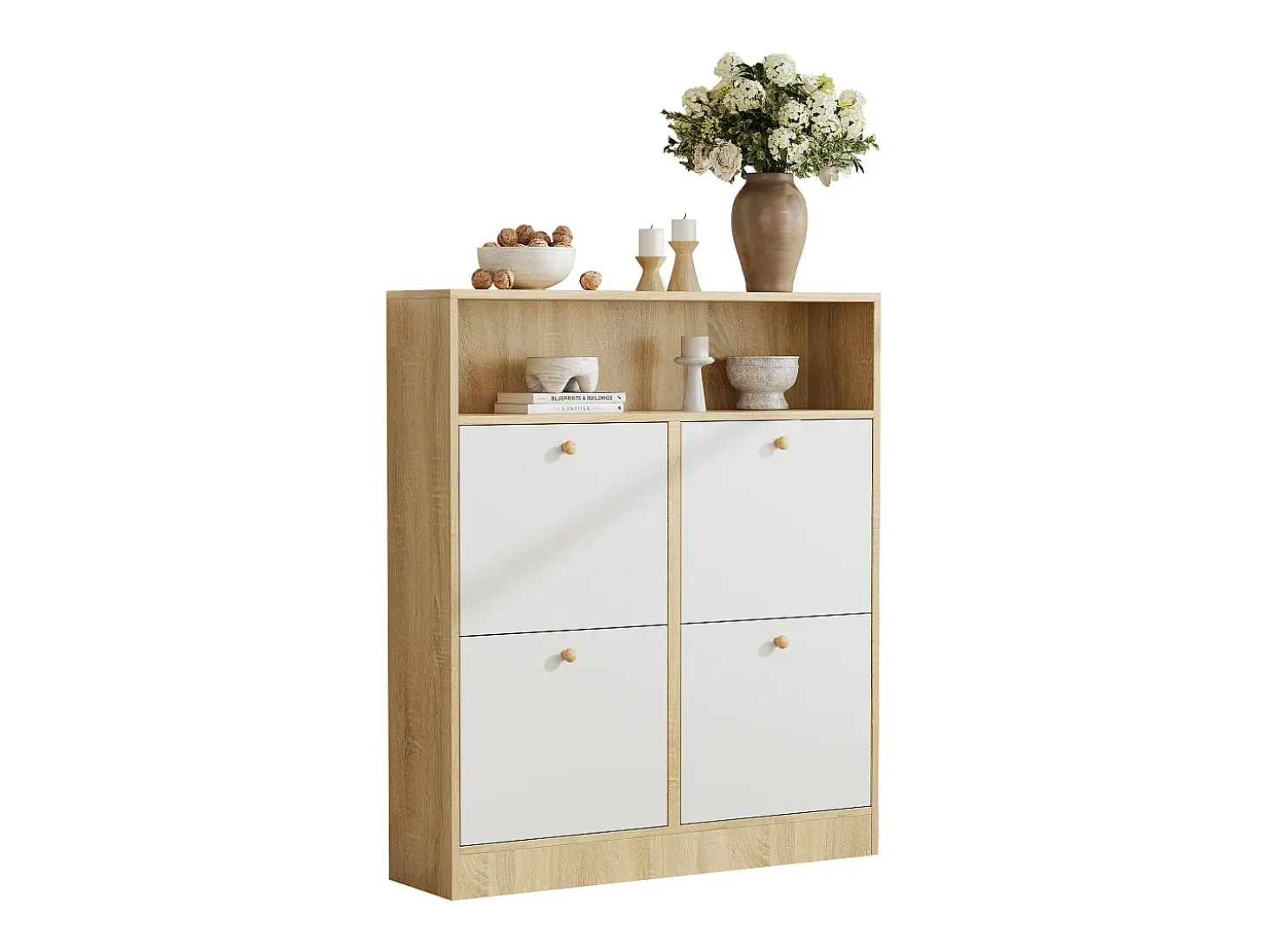 Mueble para zapatos 90x24x104,5cm - con 4 puertas abatibles - con estantes abiertos - Blanco + Natural