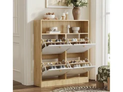 Mueble para zapatos 90x24x104,5cm - con 4 puertas abatibles - con estantes abiertos - Blanco + Natural