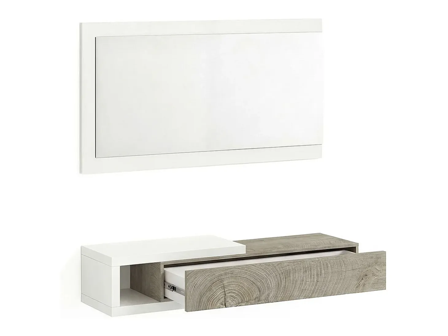 Mueble recibidor con 1 cajón y espejo en blanco mate y roble alaska 95 cm Derek Blanco Artik (Blanco Mate) – Roble Alaska