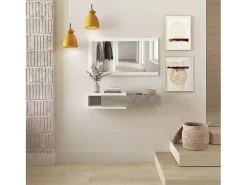 Mueble recibidor con 1 cajón y espejo en blanco mate y roble alaska 95 cm Derek Blanco Artik (Blanco Mate) – Roble Alaska