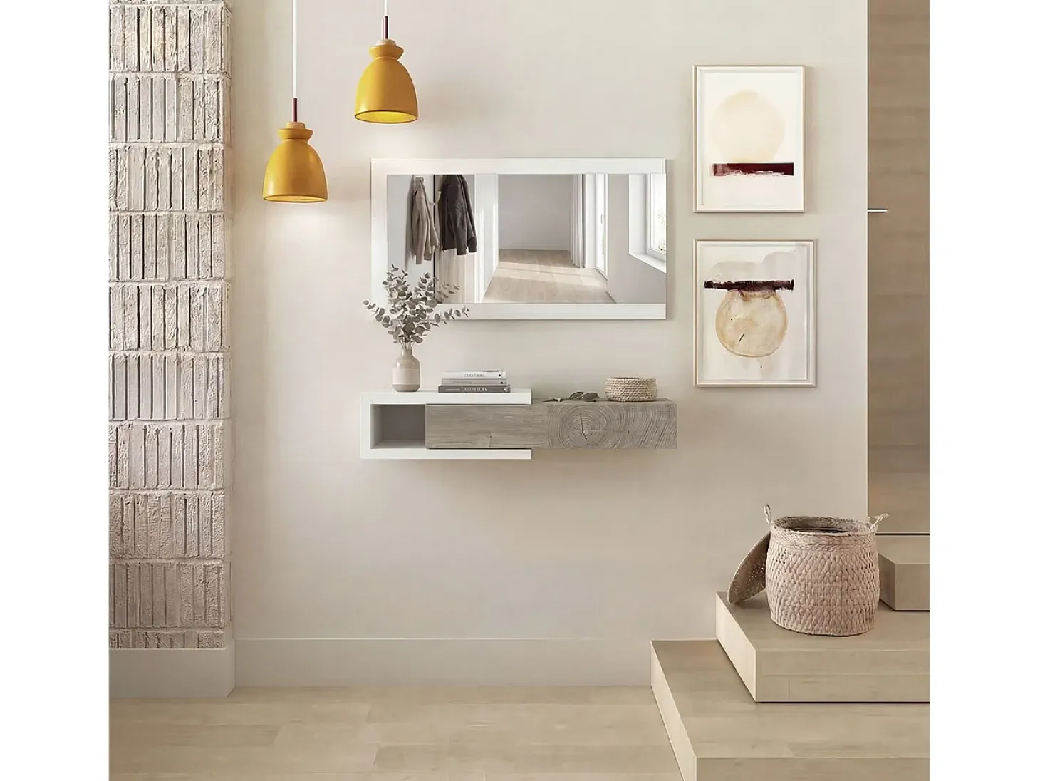 Mueble recibidor con 1 cajón y espejo en blanco mate y roble alaska 95 cm Derek Blanco Artik (Blanco Mate) – Roble Alaska