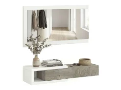 Mueble recibidor con 1 cajón y espejo en blanco mate y roble alaska 95 cm Derek Blanco Artik (Blanco Mate) – Roble Alaska