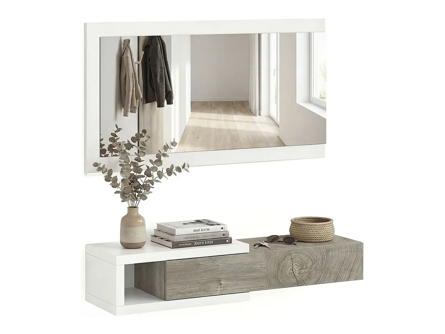 Mueble recibidor con 1 cajón y espejo en blanco mate y roble alaska 95 cm Derek Blanco Artik (Blanco Mate) – Roble Alaska
