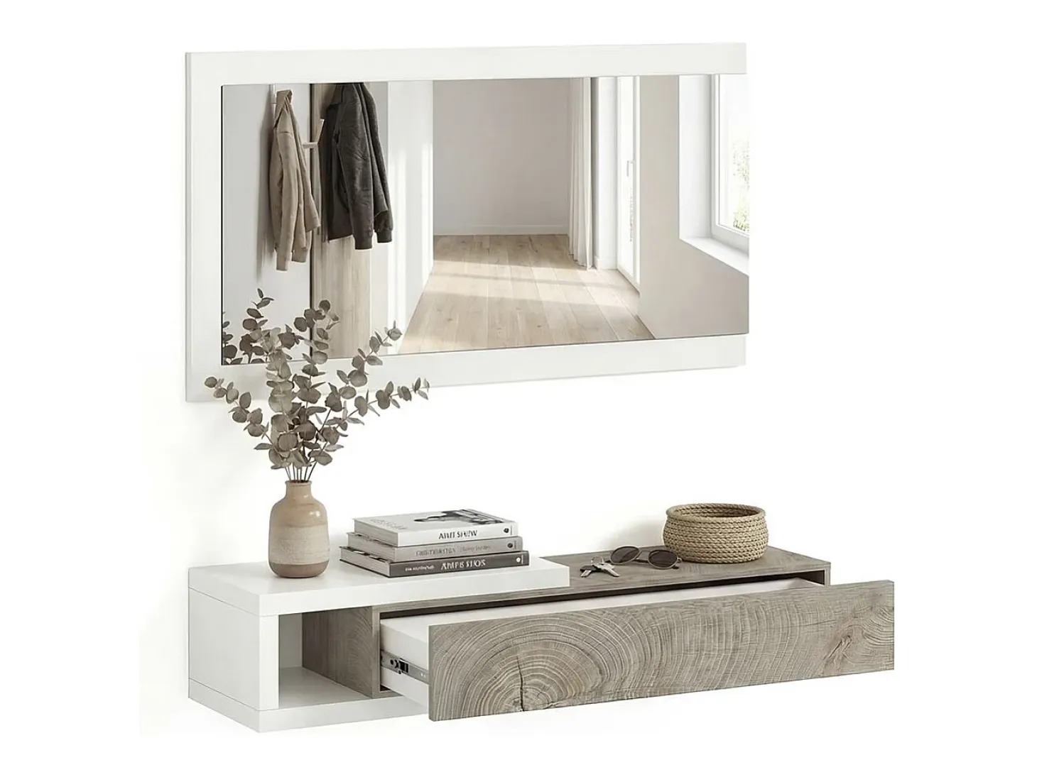 Mueble recibidor con 1 cajón y espejo en blanco mate y roble alaska 95 cm Derek Blanco Artik (Blanco Mate) – Roble Alaska