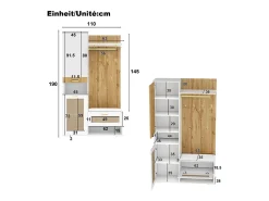 Mueble recibidor Espejo integrado y banco 110x38x190cm Puertas efecto ratán MDF y tablero de partículas blanco y efecto madera ganchos dorados iluminación LED