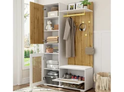Mueble recibidor Espejo integrado y banco 110x38x190cm Puertas efecto ratán MDF y tablero de partículas blanco y efecto madera ganchos dorados iluminación LED