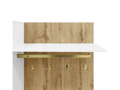 Mueble recibidor Espejo integrado y banco 110x38x190cm Puertas efecto ratán MDF y tablero de partículas blanco y efecto madera ganchos dorados iluminación LED