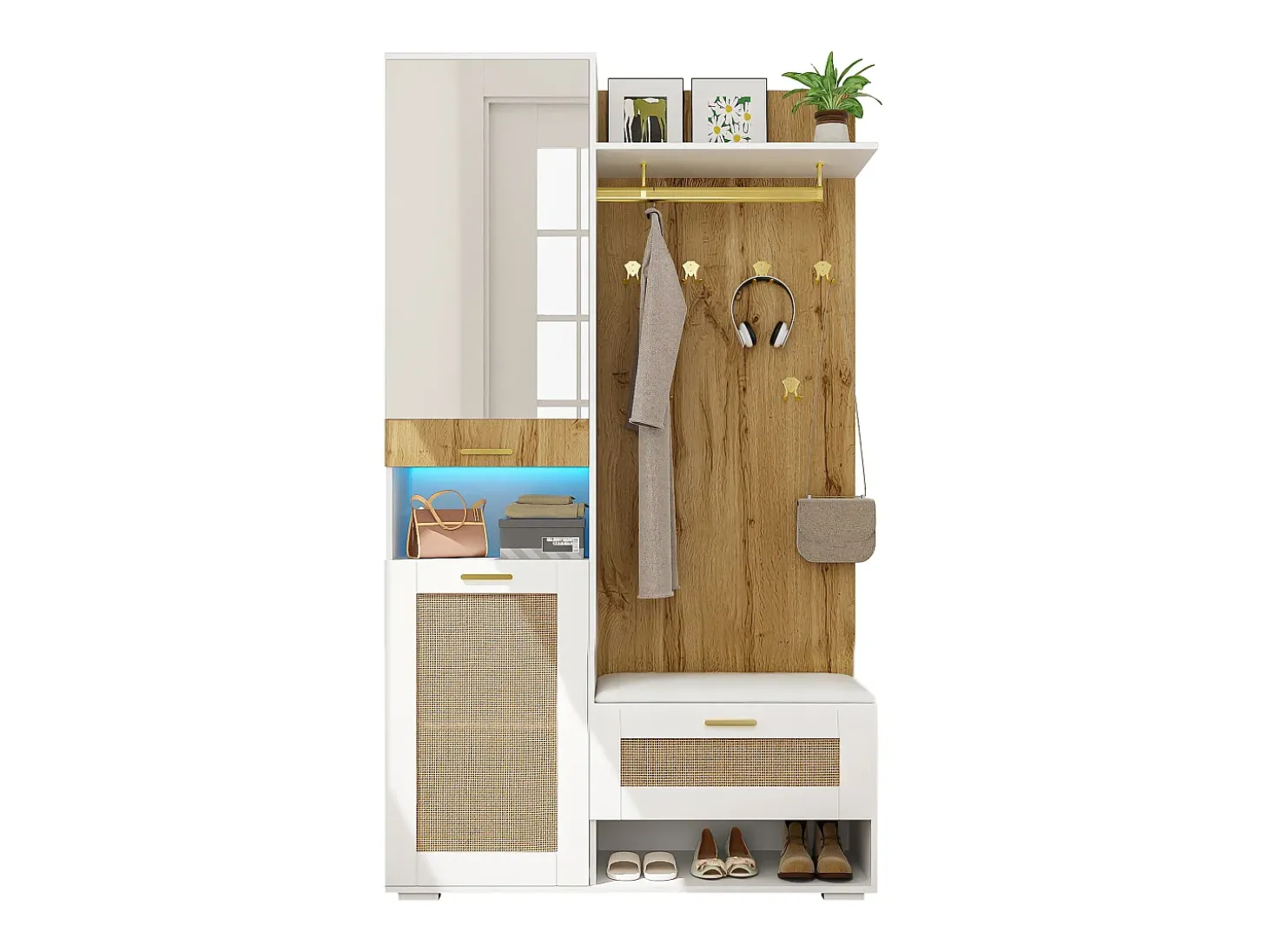 Mueble recibidor Espejo integrado y banco 110x38x190cm Puertas efecto ratán MDF y tablero de partículas blanco y efecto madera ganchos dorados iluminación LED