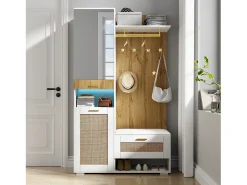Mueble recibidor Espejo integrado y banco 110x38x190cm Puertas efecto ratán MDF y tablero de partículas blanco y efecto madera ganchos dorados iluminación LED