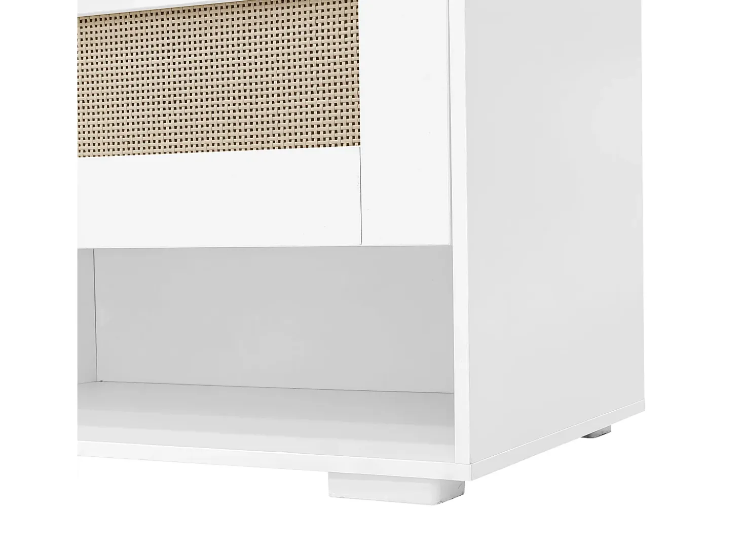 Mueble recibidor Espejo integrado y banco 110x38x190cm Puertas efecto ratán MDF y tablero de partículas blanco y efecto madera ganchos dorados iluminación LED