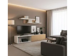 Mueble salón Kipi tv extensible 2 estantes blanco madera claro 65x220x32 cm