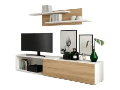 Mueble salón Kipi tv extensible 2 estantes blanco madera claro 65x220x32 cm