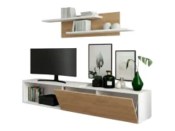 Mueble salón Kipi tv extensible 2 estantes blanco madera claro 65x220x32 cm
