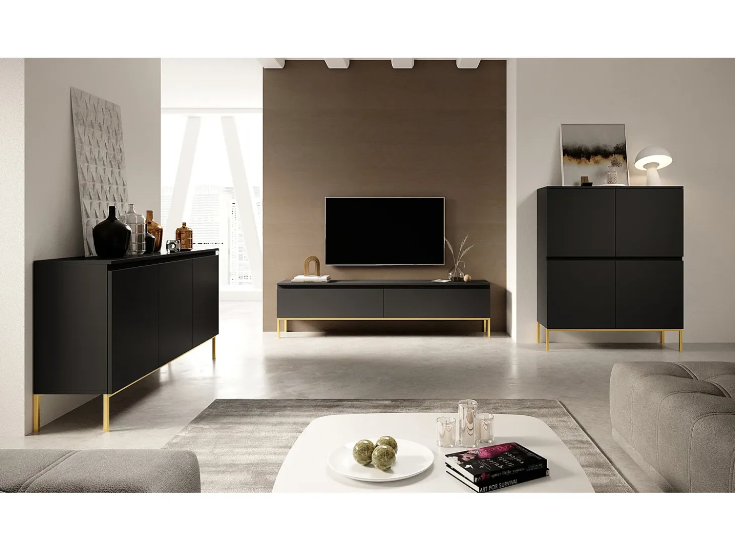 Mueble TV - 150 cm - negro con patas doradas - BEMMI