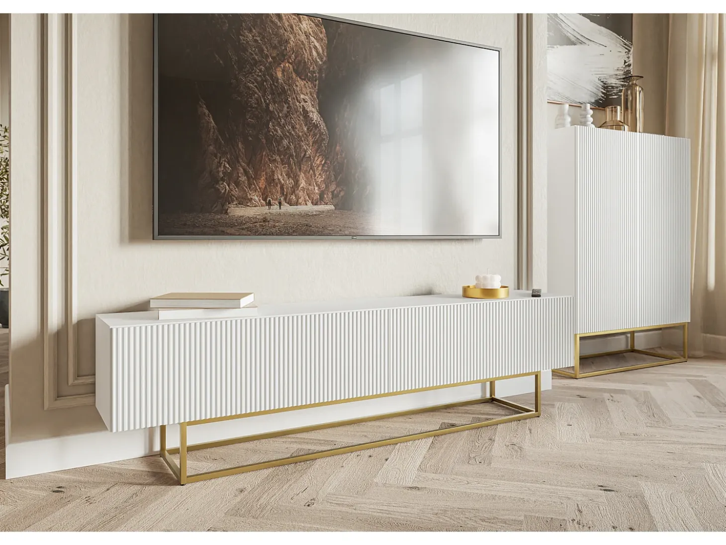Mueble TV - blanco con patas de metal dorado - 175 cm - VELDIO