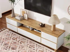 Mueble TV 175 cm - 5 puertas y 2 nichos - MDF - colores blanco y natural