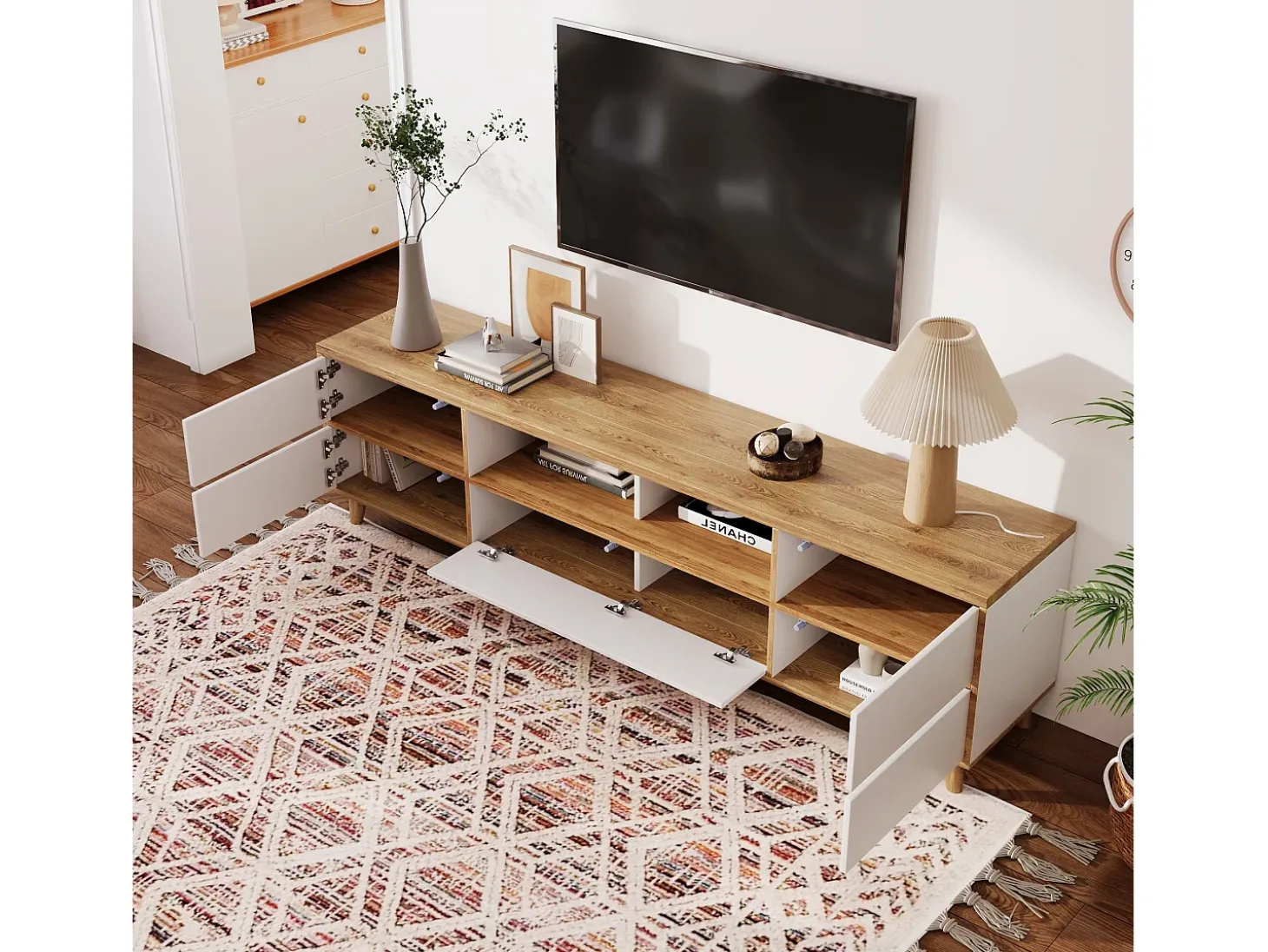 Mueble TV 175 cm - 5 puertas y 2 nichos - MDF - colores blanco y natural