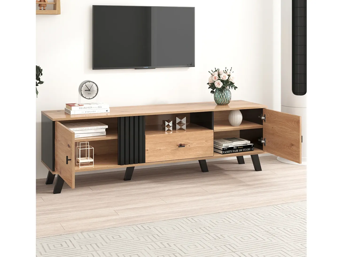 Mueble TV 170 cm con 2 puertas y 1 cajón - tableros de partículas - colores: negro y madera natural