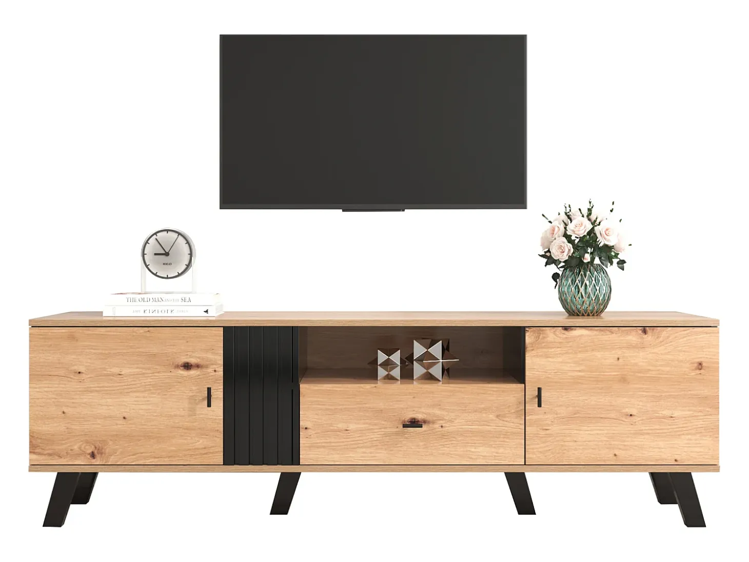 Mueble TV 170 cm con 2 puertas y 1 cajón - tableros de partículas - colores: negro y madera natural