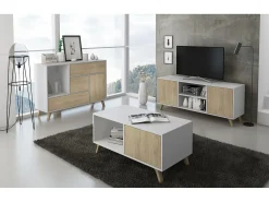 Mueble TV 140 Modelo WIND, color estructura Blanco, color puertas Roble, 137x40x57cm