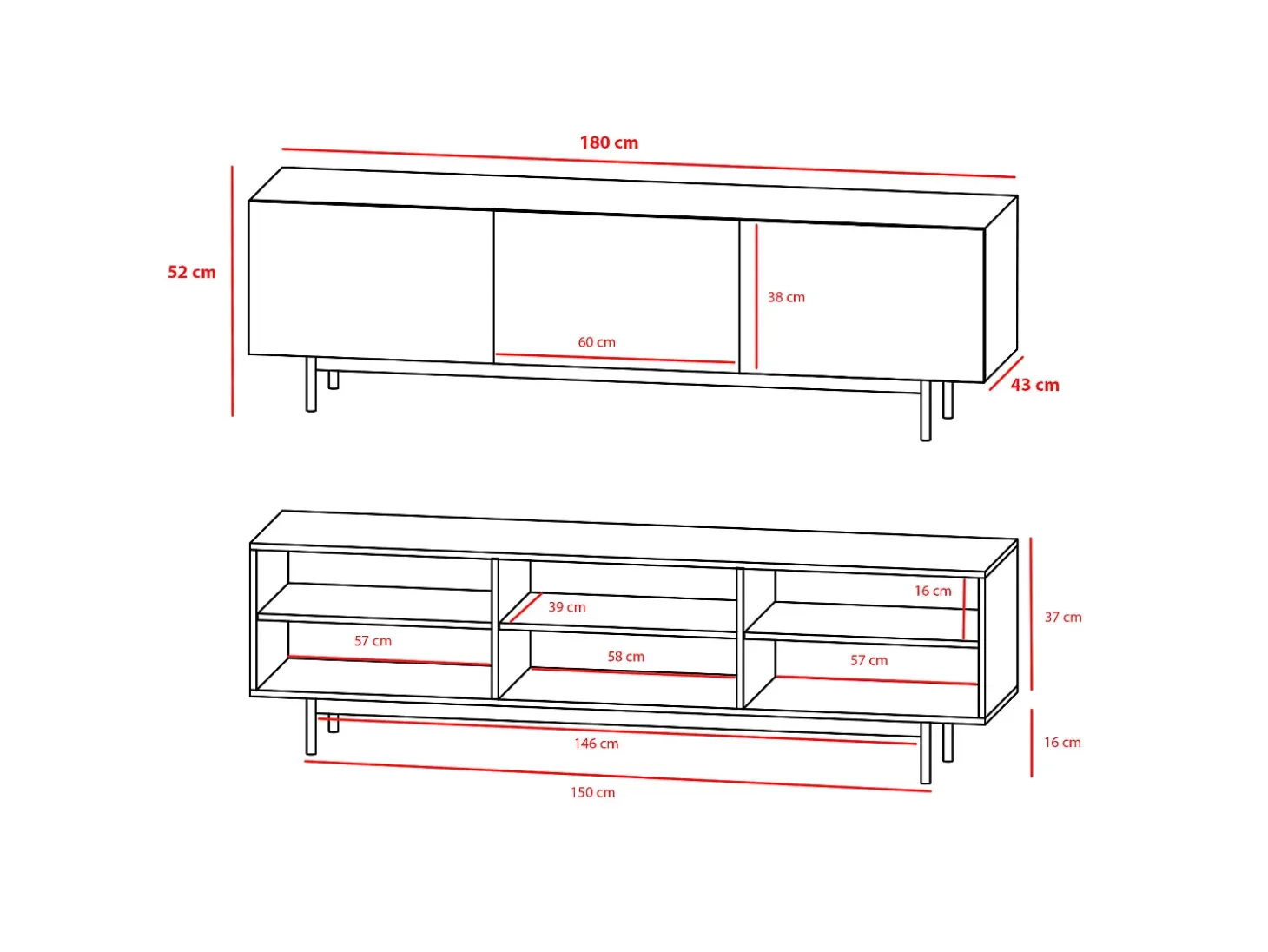 Mueble TV 3 puertas - A52cm x L180cm x F43cm - roble y blanco - Printed