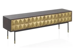 Mueble TV 4 puertas de madera de mango maciza con frontal laton dorado