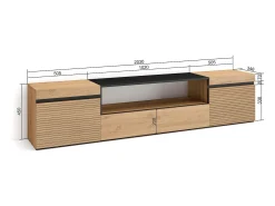 Mueble TV | Televisión, 200x35x45cm, Para TV hasta 80", Con almacenamiento, Roble