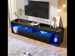 Mueble TV alto lacado con LED, para TV de hasta 70 pulgadas, con 2 cajones, material aglomerado, color negro (180x40x46cm)